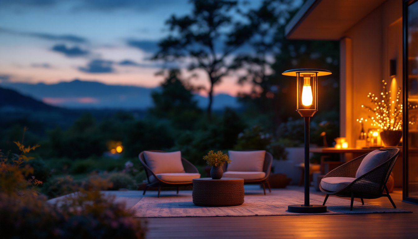 A photograph of a beautifully designed outdoor lamp illuminating a cozy patio or garden setting at dusk