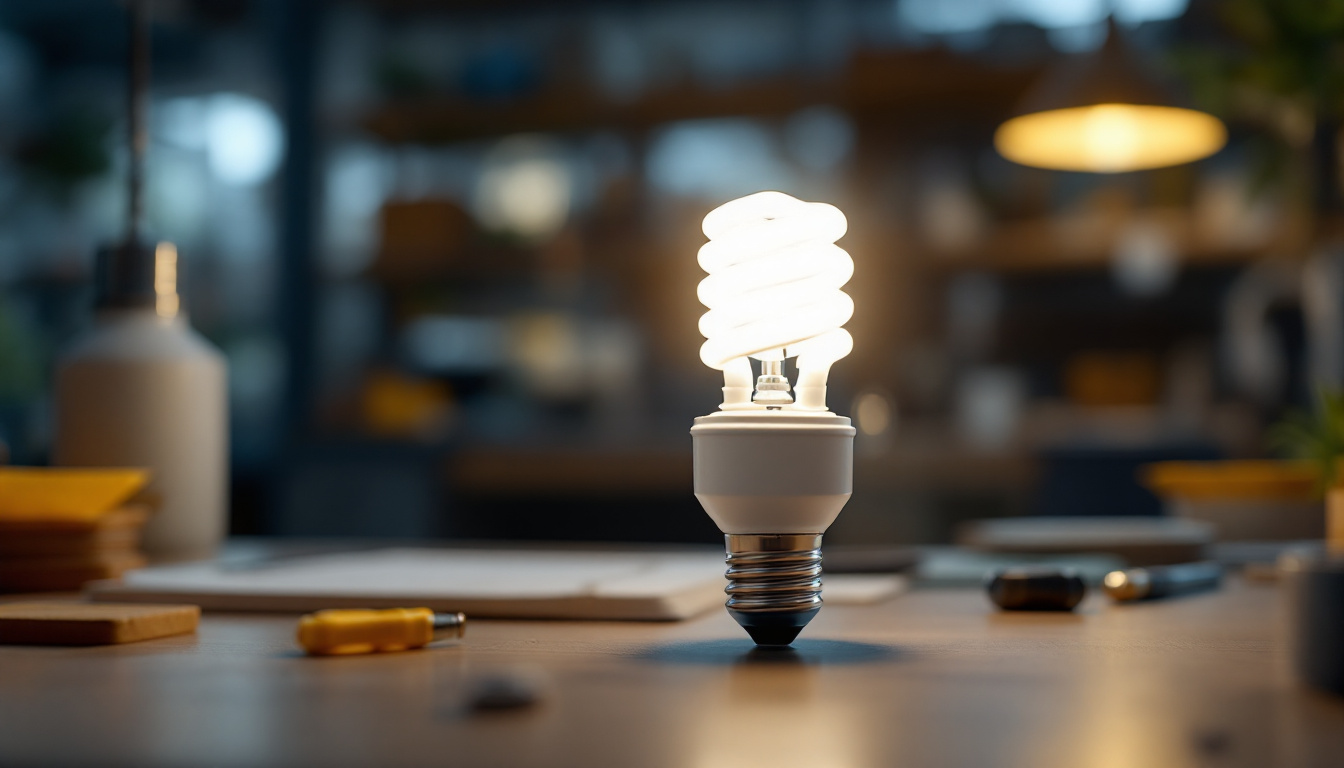 A photograph of capture a photograph of a 13w cfl bulb illuminated in a modern engineering workspace