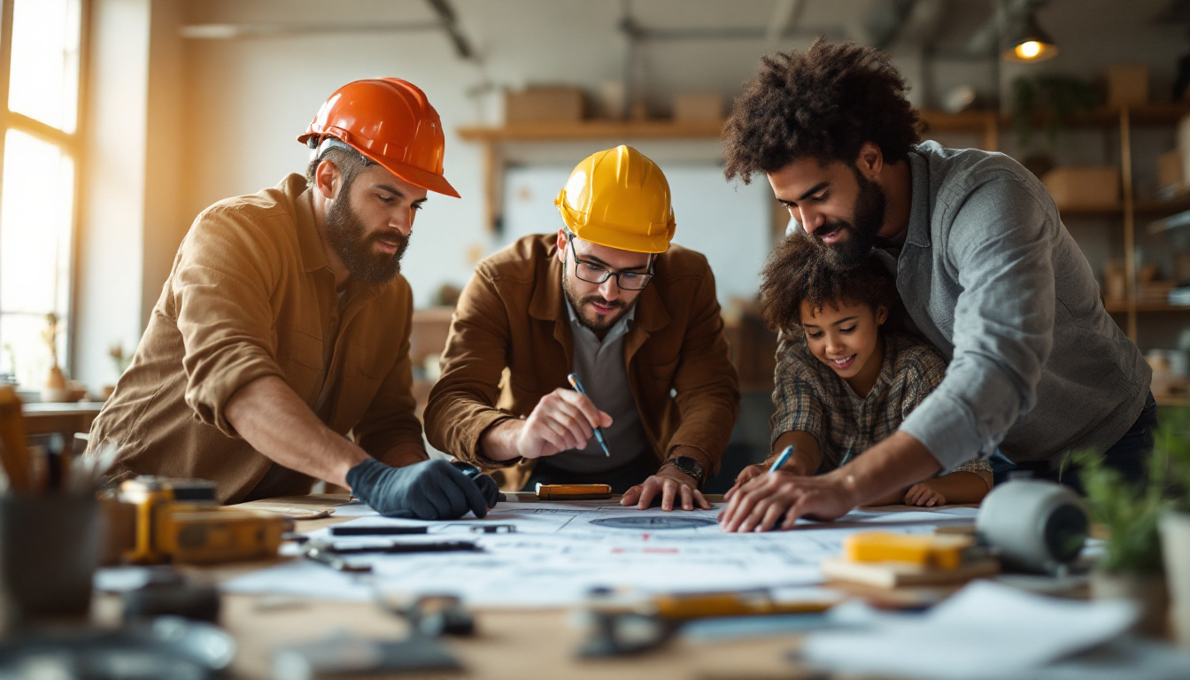 A photograph of a diverse group of electrical engineers collaborating around a large blueprint or schematic
