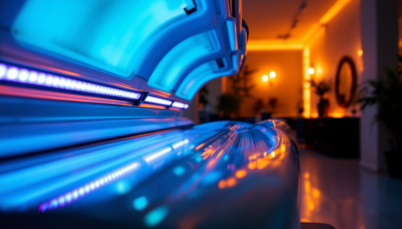 A photograph of a well-lit tanning bed in a spacious salon environment