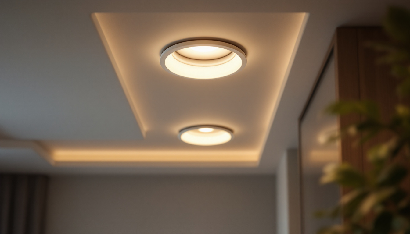 A photograph of a well-lit interior space showcasing insulated recessed can lights installed in a ceiling