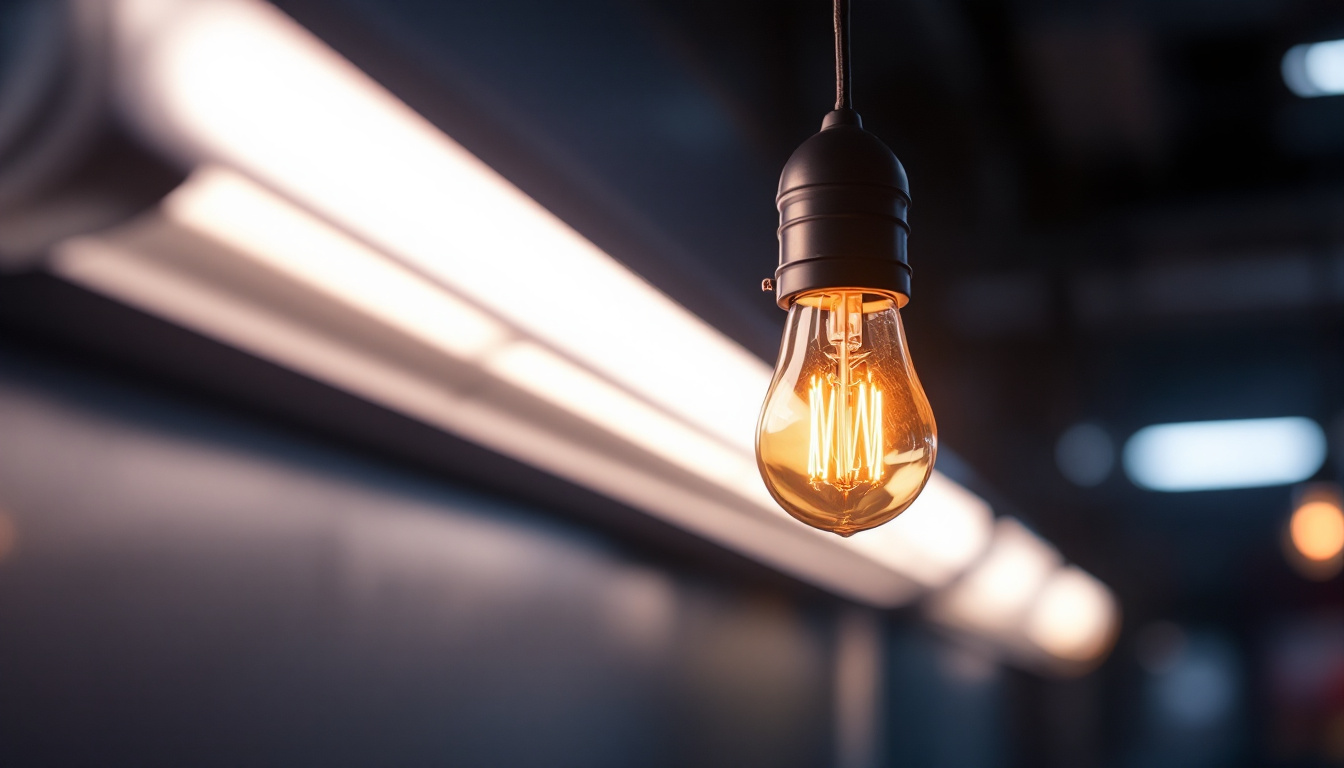 A photograph of a t12 fluorescent light bulb in a well-designed lighting setting