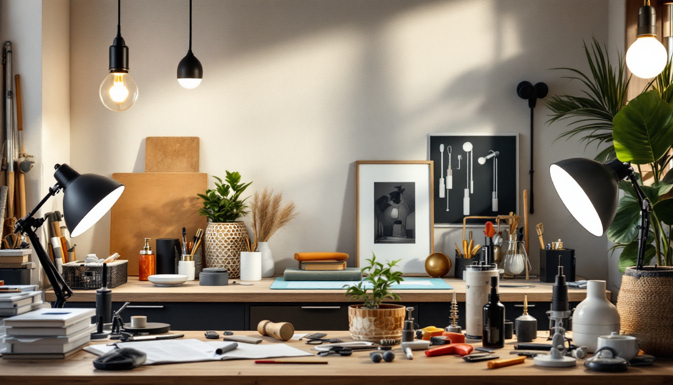 A photograph of a well-lit workspace featuring a variety of stylish and functional lighting fixtures