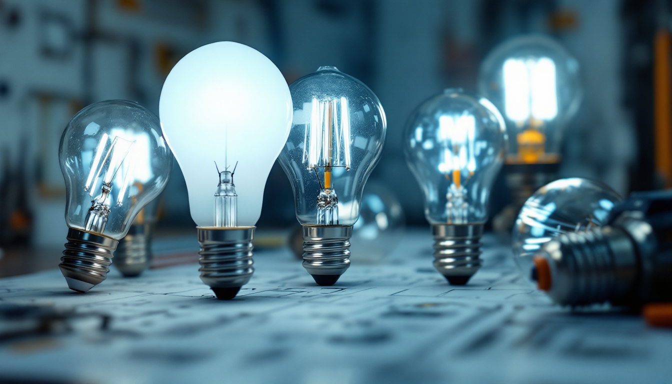 A photograph of a close-up of various types of fluorescent bulbs illuminated