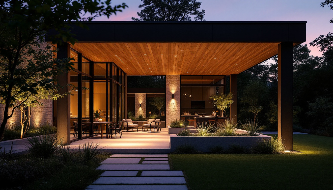 A photograph of a beautifully designed outdoor space featuring solar soffit lighting