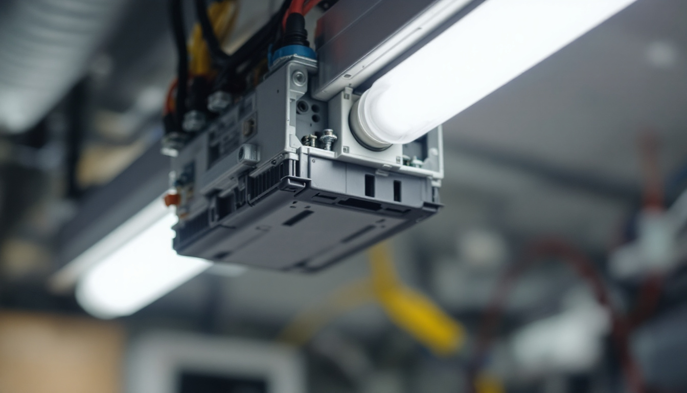 A photograph of a close-up shot of an f40t12 ballast installed in a lighting fixture