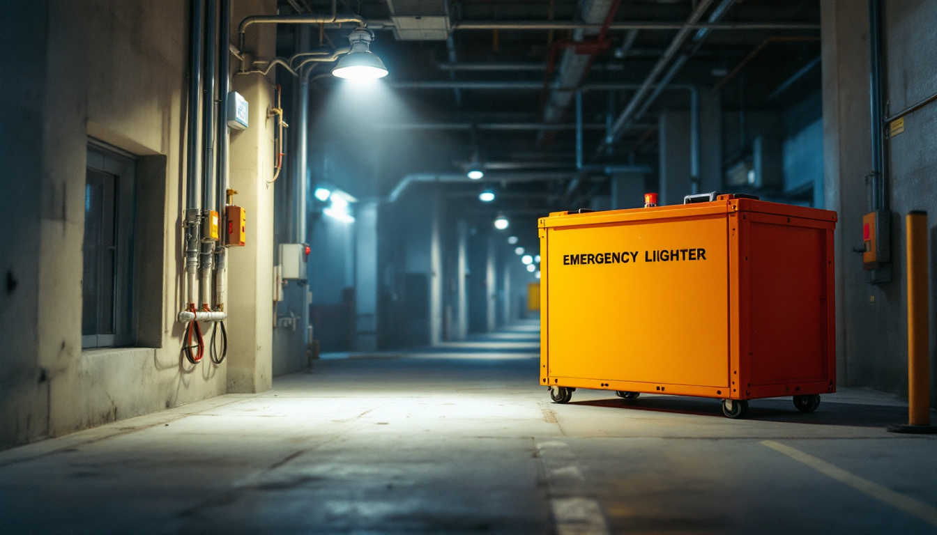 A photograph of a well-lit emergency lighting setup in a commercial or industrial environment