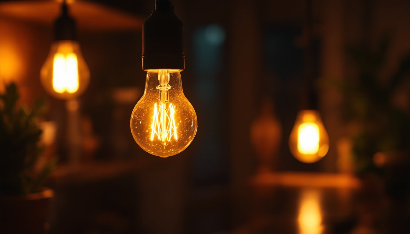 A photograph of capture a photograph of a glowing 120v 40w light bulb in a cozy