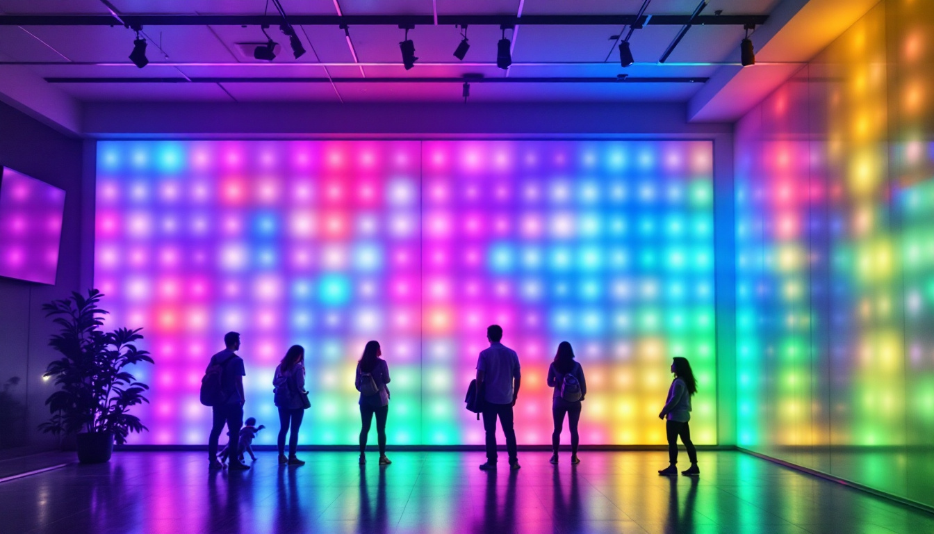 A photograph of a modern interior featuring a vibrant wall of led lights in various colors