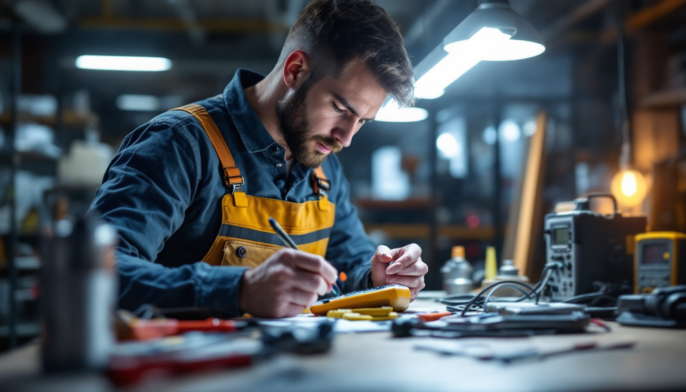 A photograph of a technician examining a lighting fixture with a multimeter