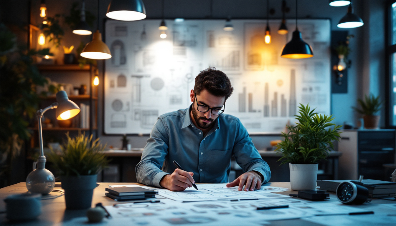 A photograph of a skilled electrical engineer examining intricate lighting designs in a modern workspace