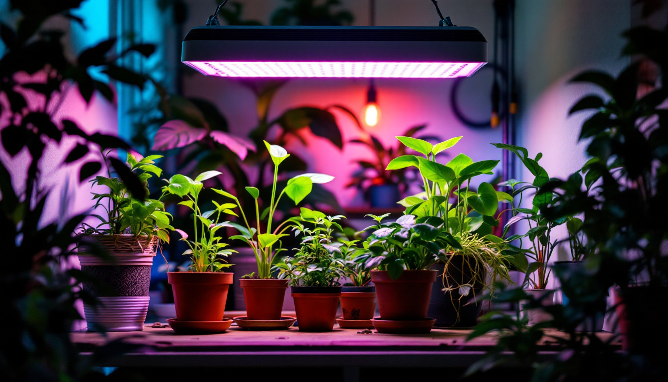 A photograph of a well-lit indoor garden setup featuring various plants thriving under affordable grow lights