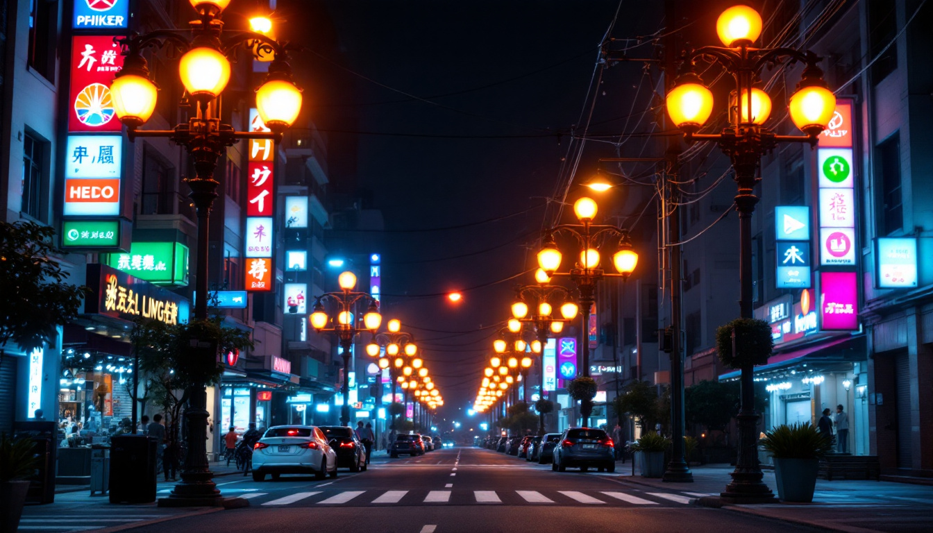 A photograph of a well-lit urban street scene showcasing various styles of light poles
