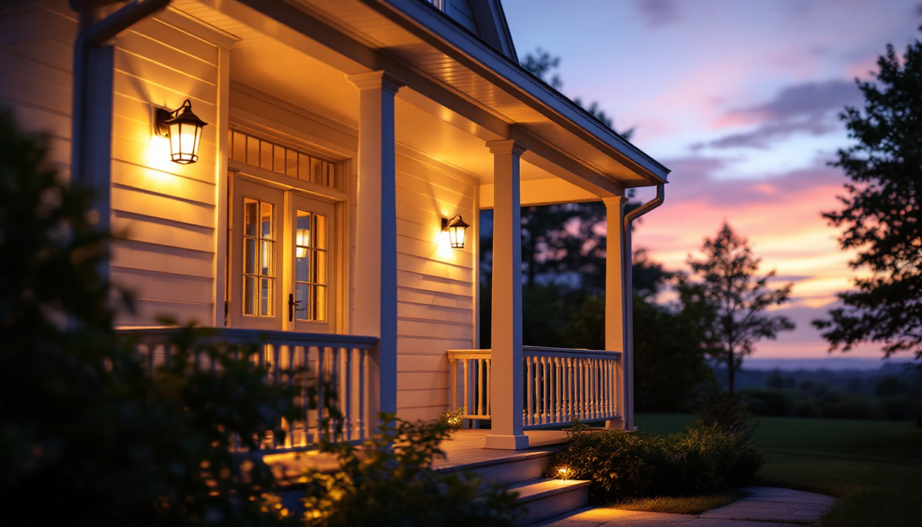 A photograph of a beautifully illuminated porch at dusk