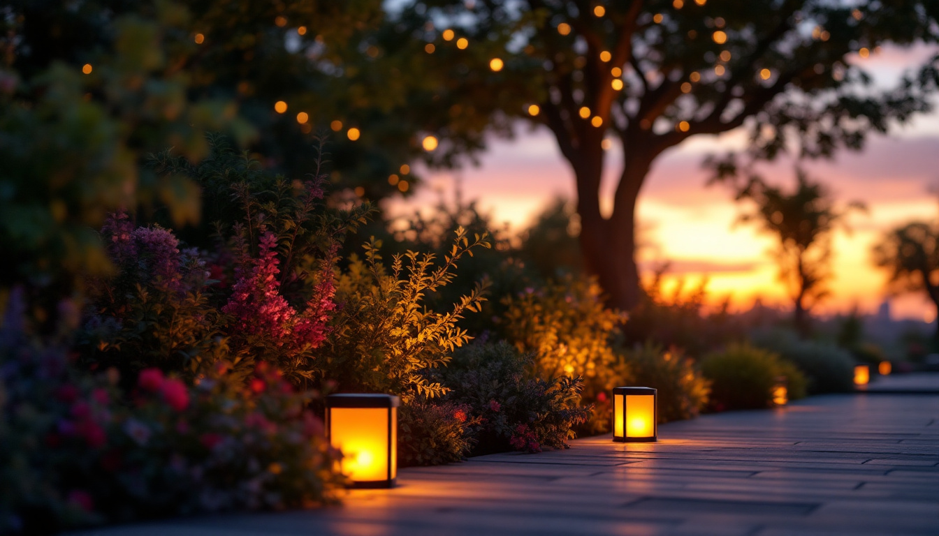 A photograph of a beautifully arranged outdoor setting featuring solar-powered light fixtures in use during twilight