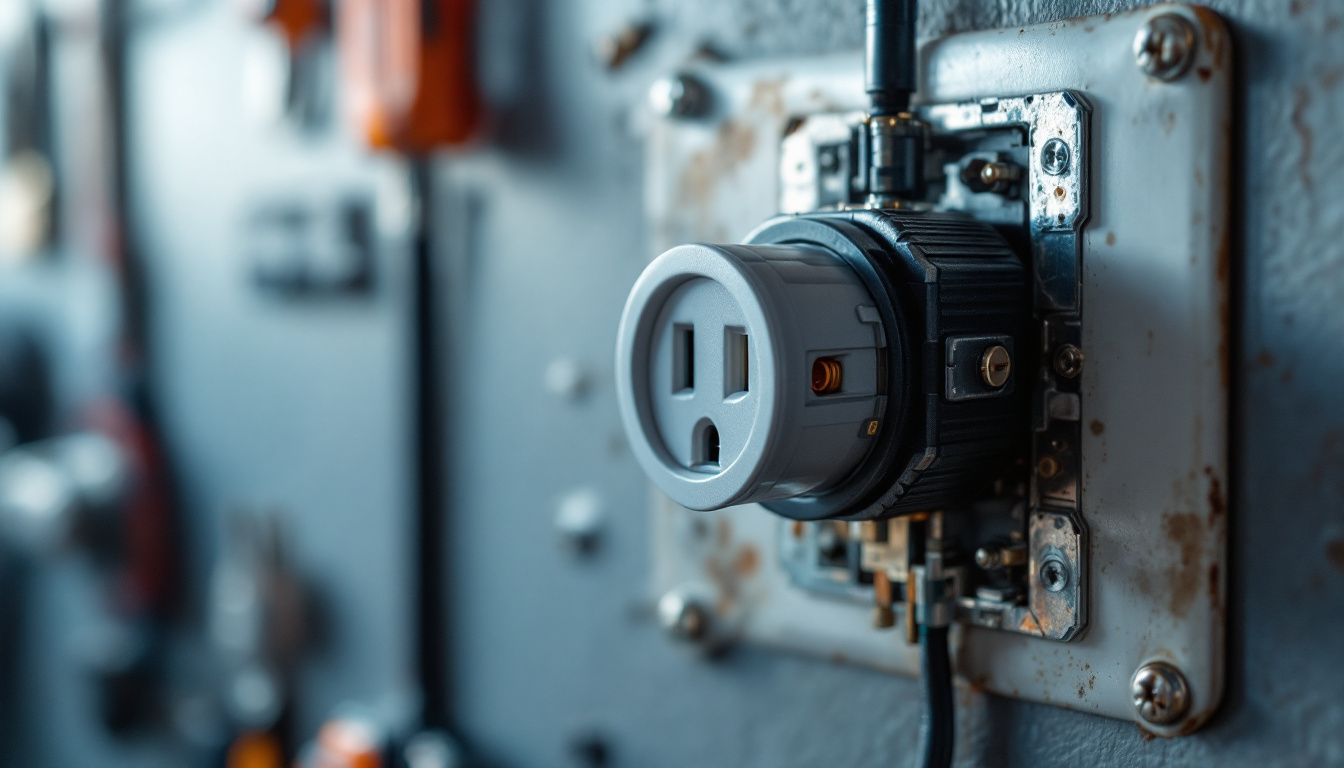 A photograph of a close-up of a locking receptacle installed in a wall outlet
