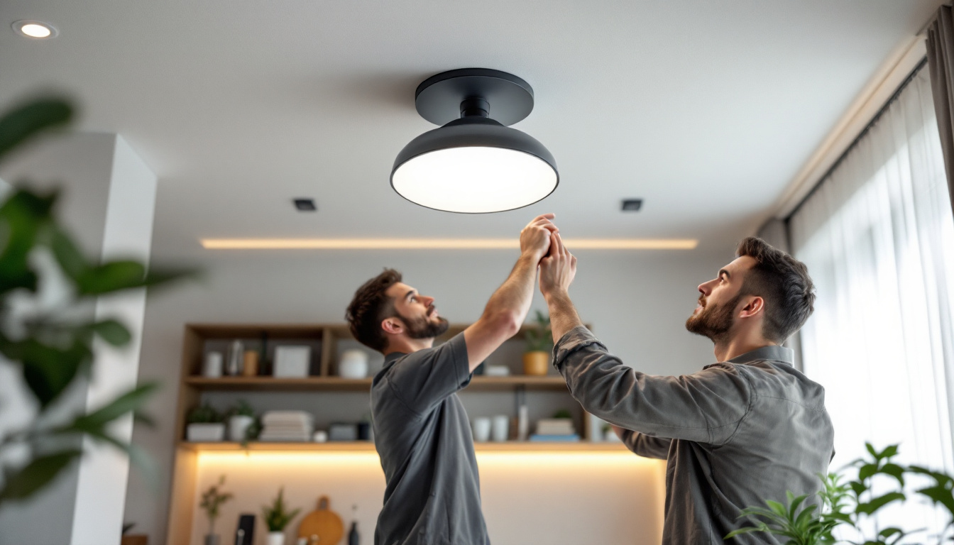 A photograph of a modern lower ceiling light fixture installed in a stylish interior setting