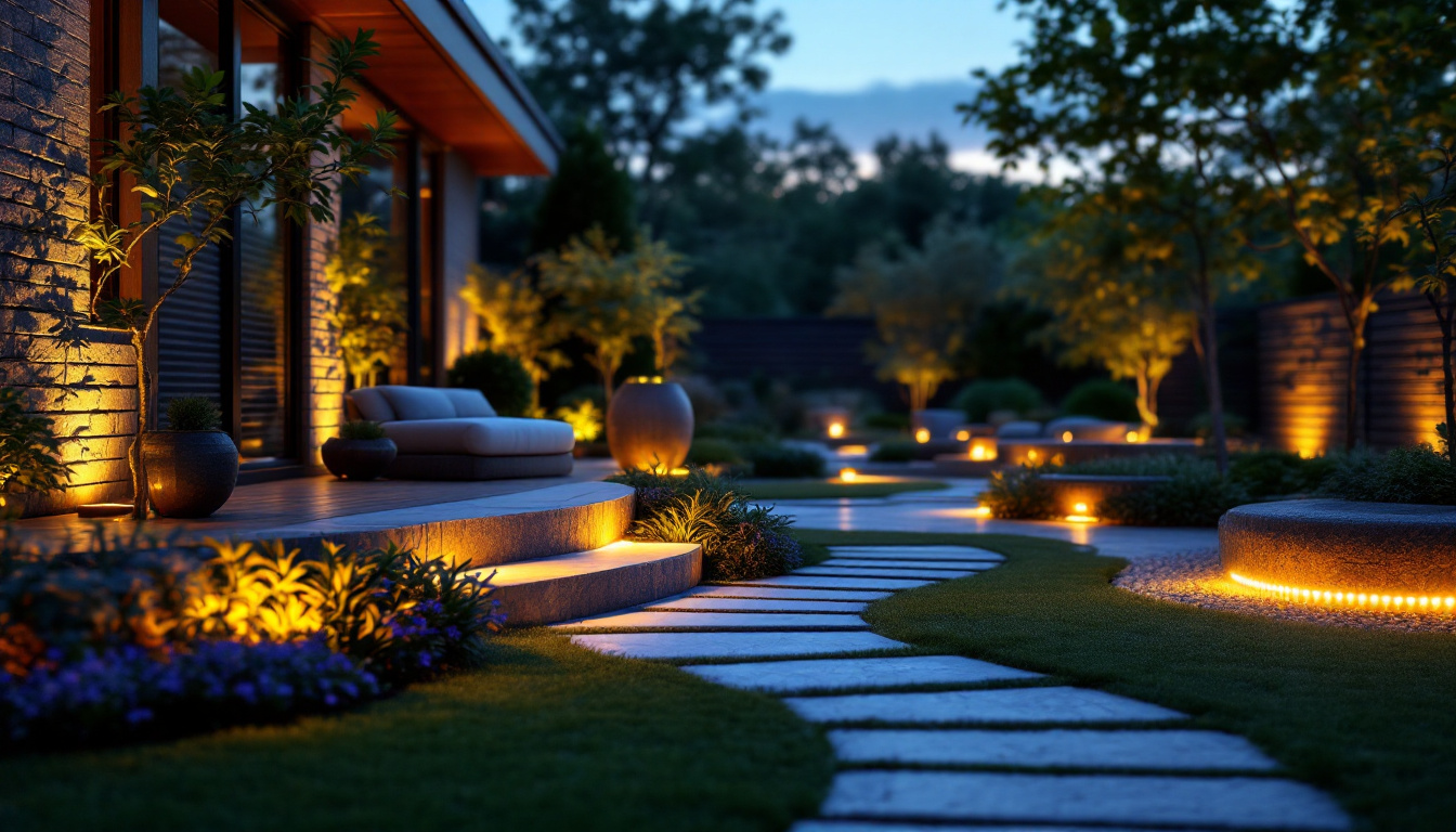 A photograph of a beautifully illuminated outdoor space featuring solar-powered led strip lights integrated into landscaping