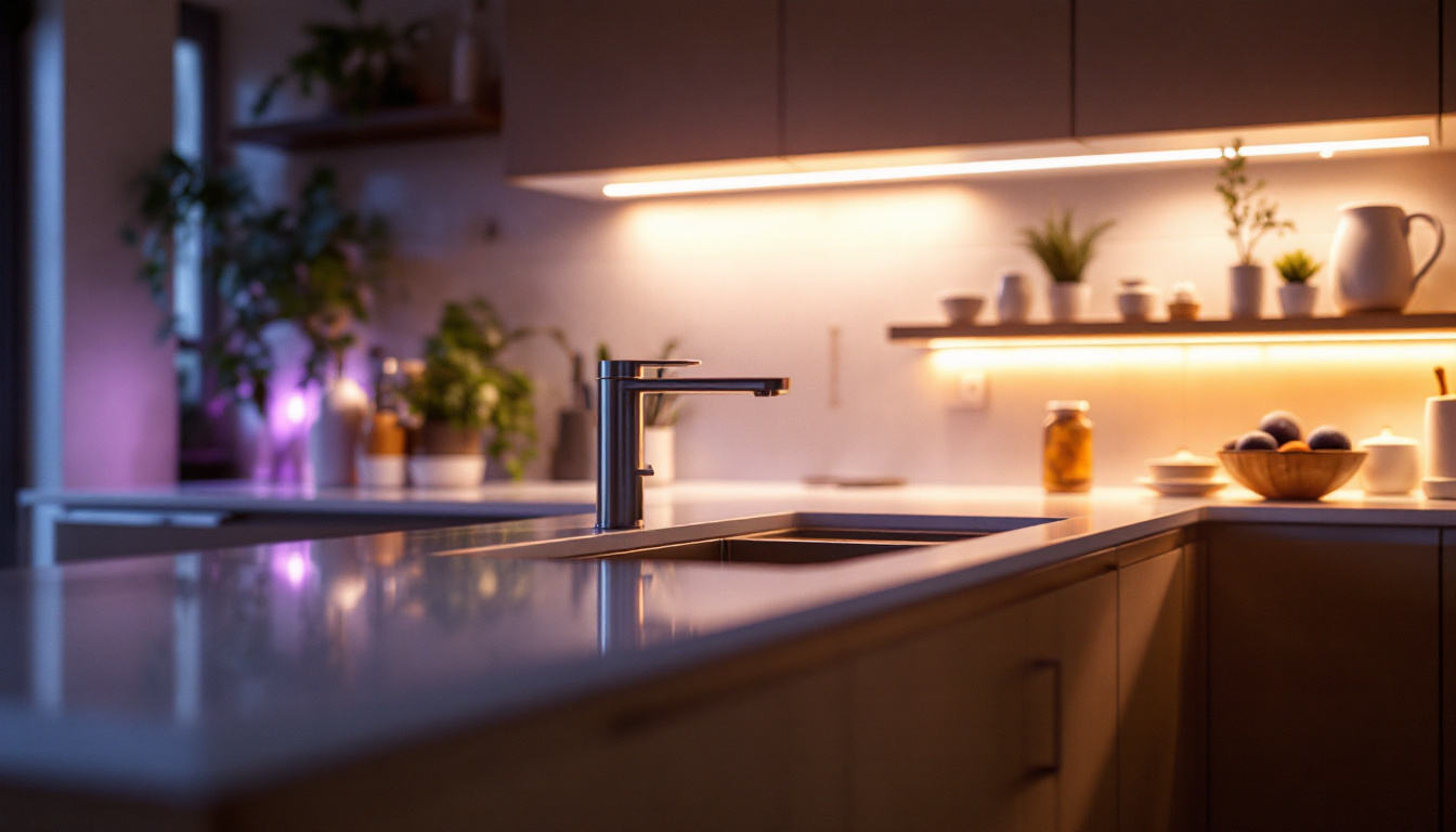 A photograph of a beautifully designed kitchen showcasing various led lighting options integrated into the cabinetry