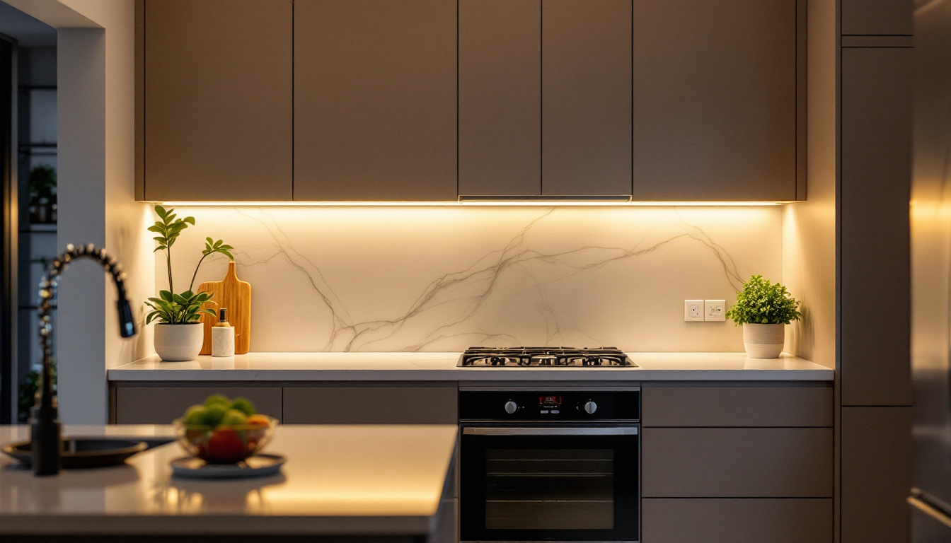 A photograph of a beautifully designed kitchen featuring sleek under cabinet lighting that highlights the countertops and enhances the overall ambiance
