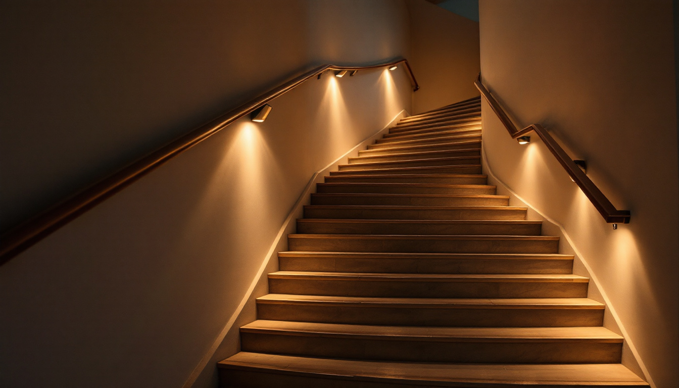 A photograph of a beautifully illuminated stairway featuring stylish stairway lights