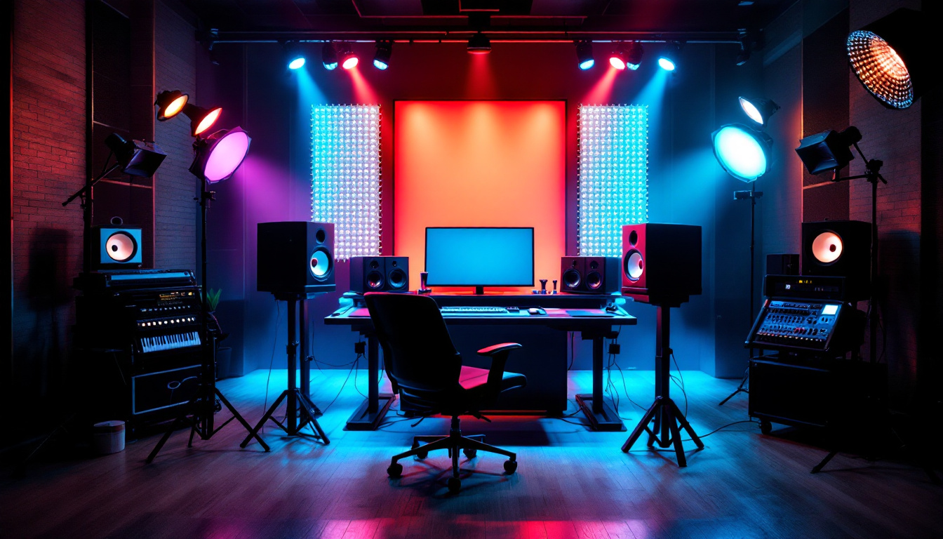 A photograph of a well-lit music studio featuring various types of lighting setups