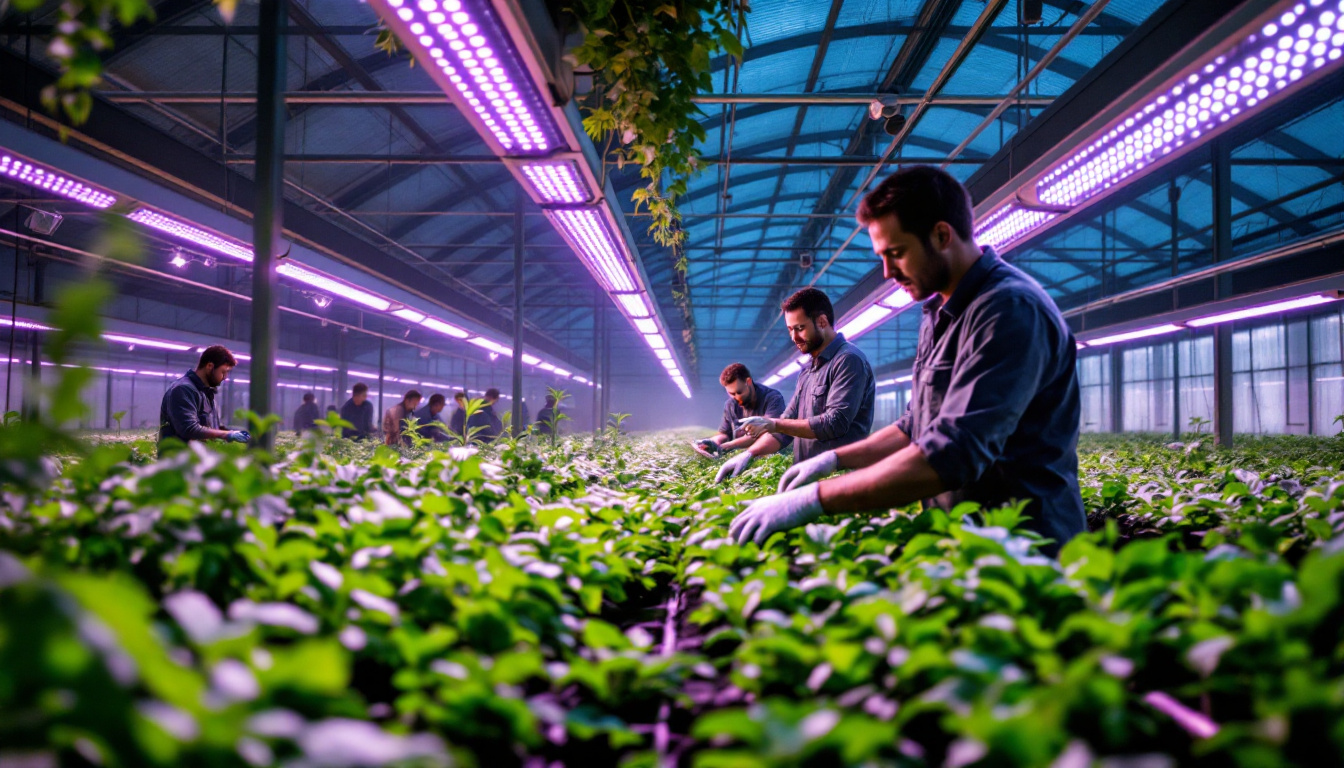 A photograph of a well-lit greenhouse or indoor farming facility showcasing advanced lighting systems in action