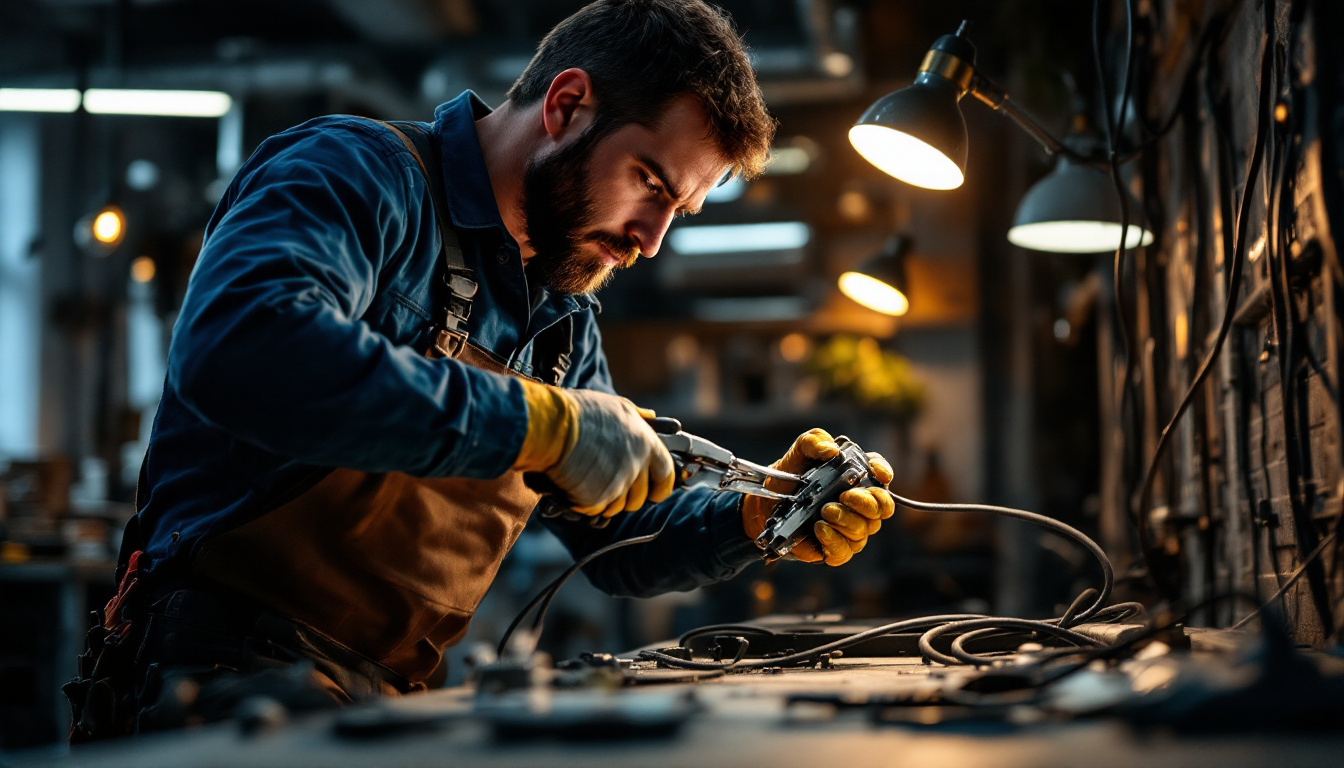 A photograph of a skilled electrician using specialized cable pulling tools in a well-lit environment