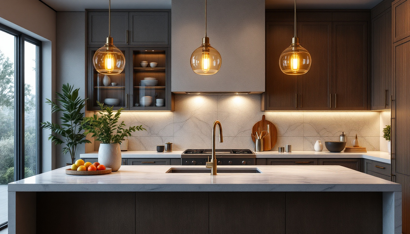 A photograph of a beautifully designed luxury kitchen island illuminated by elegant pendant lights
