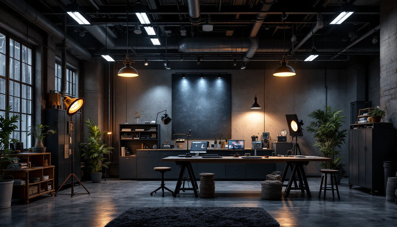 A photograph of a well-lit industrial workspace showcasing distinct lighting setups