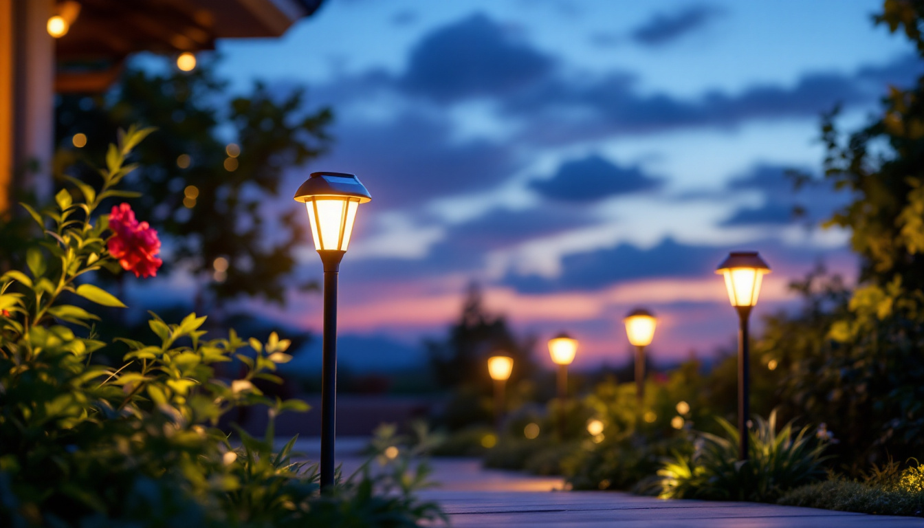 A photograph of a beautifully illuminated outdoor space featuring solar-powered accent lights