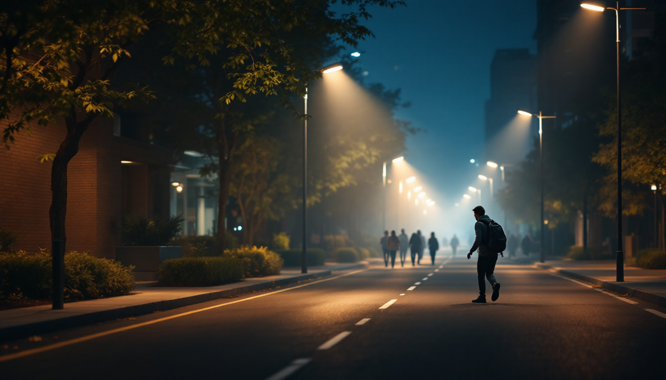 A photograph of a dynamic outdoor scene showcasing various lighting installations in action