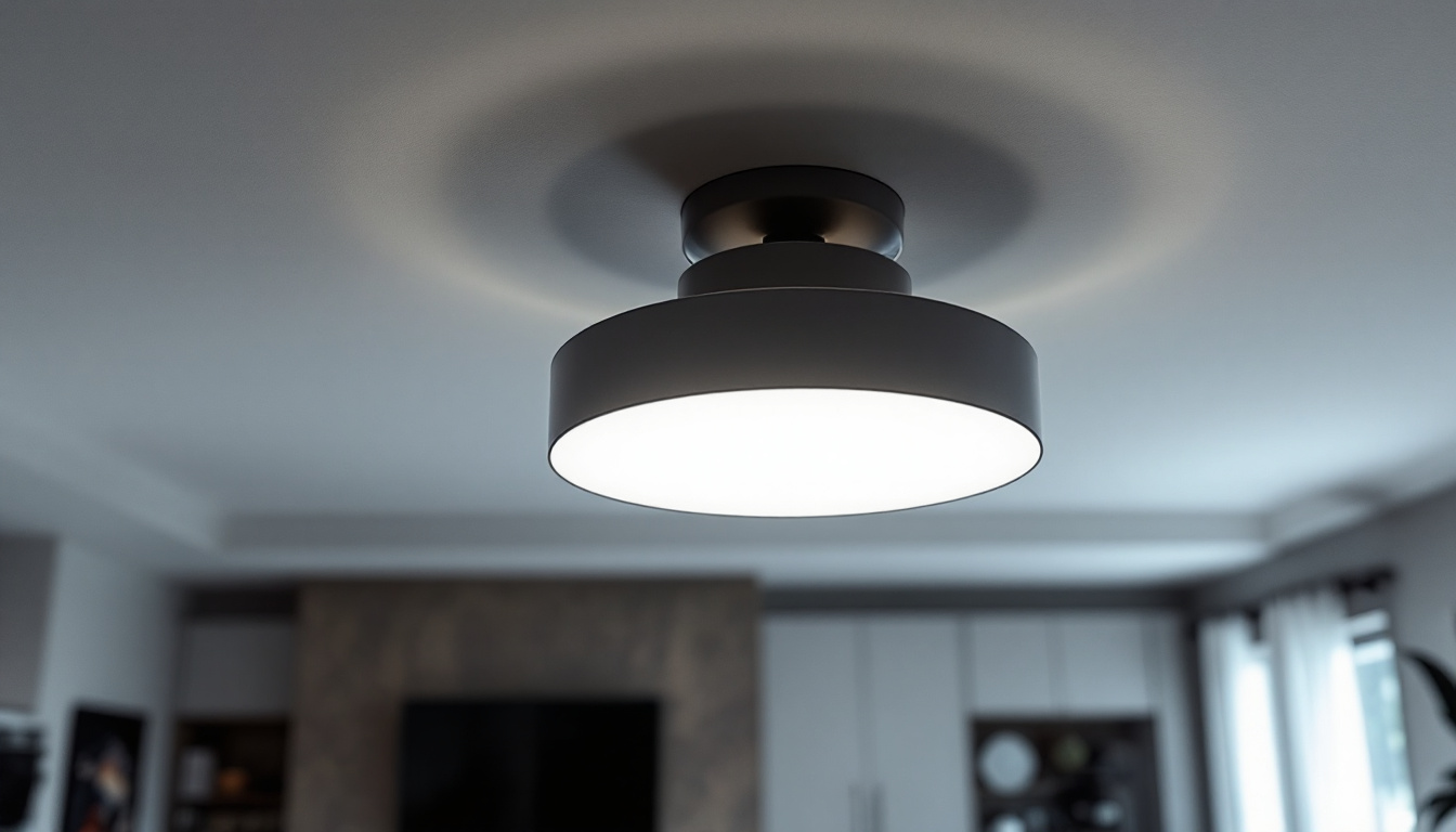 A photograph of a stylish modern semi-flush ceiling light fixture installed in a contemporary interior setting