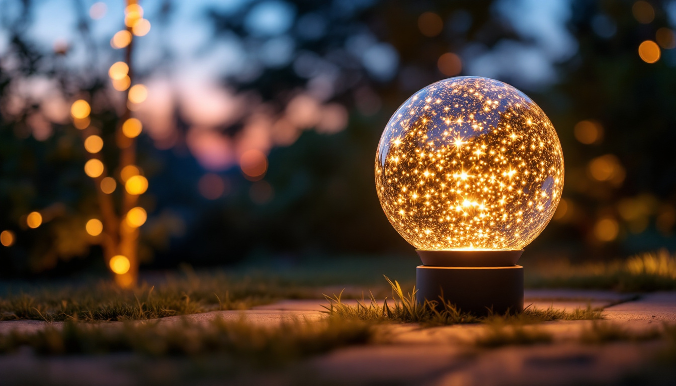 A photograph of a beautifully lit solar outdoor globe illuminating a garden or patio setting at dusk