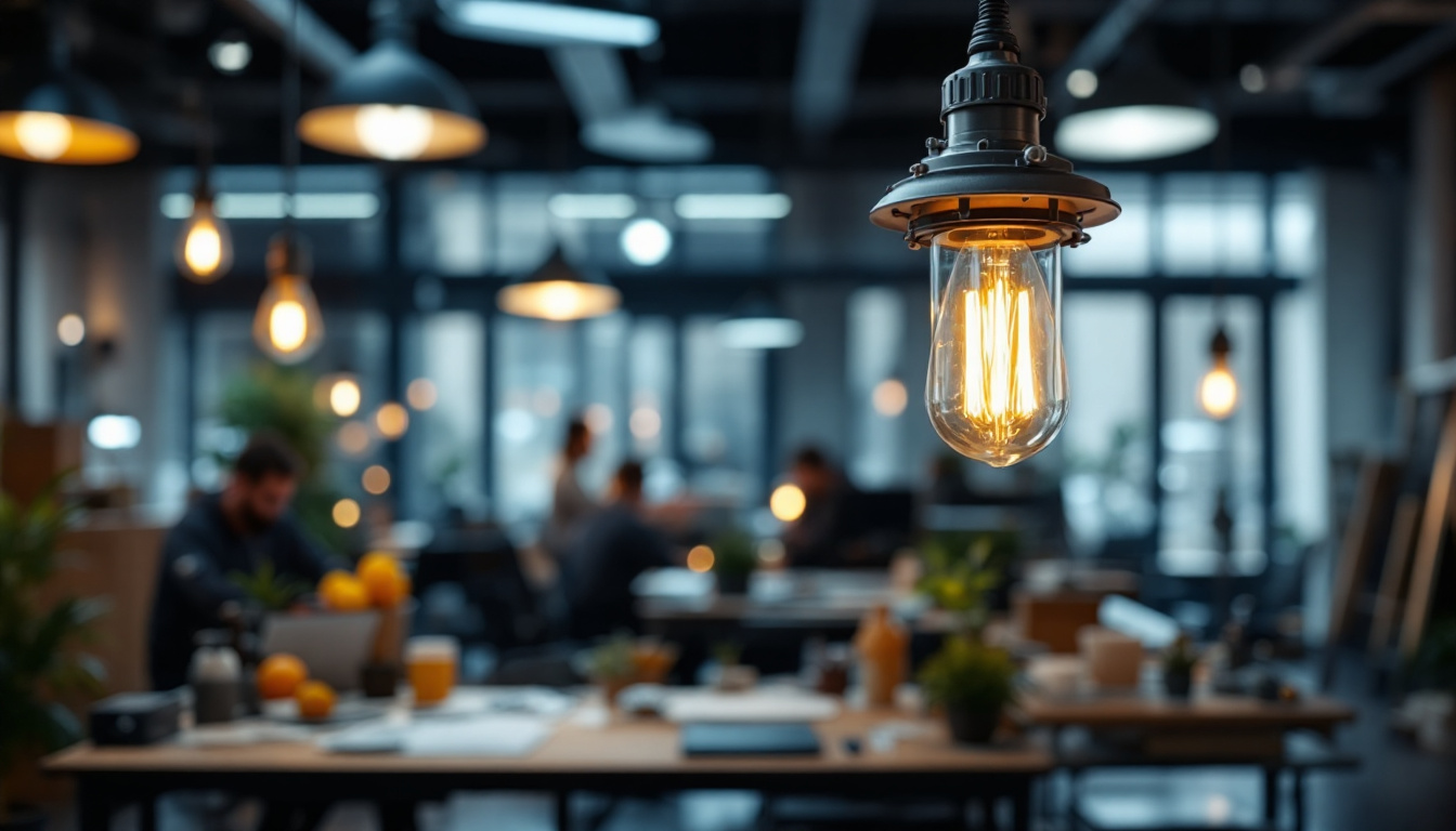 A photograph of a well-designed industrial-style light fixture in a modern workspace