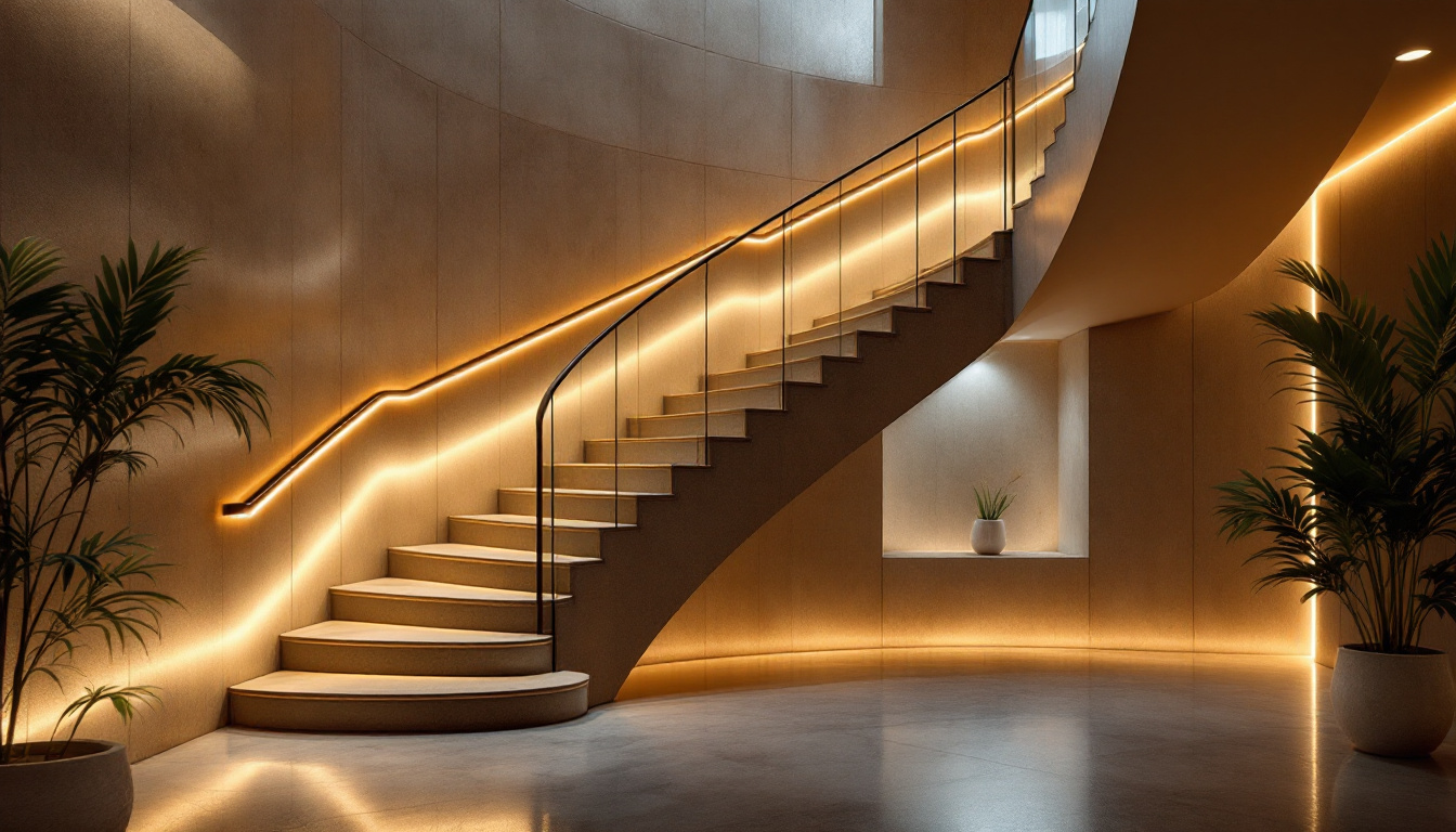 A photograph of a well-lit indoor staircase featuring innovative lighting solutions