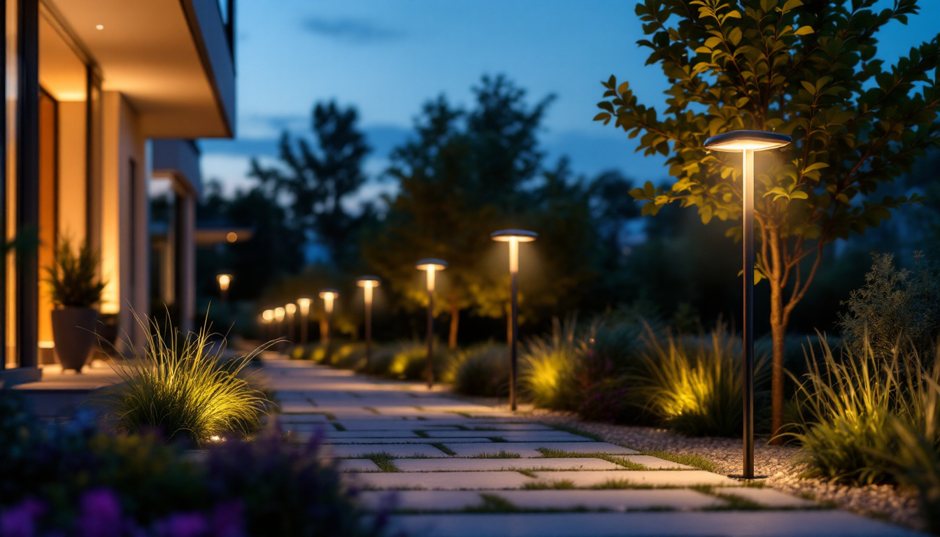 A photograph of a modern outdoor space illuminated by sleek
