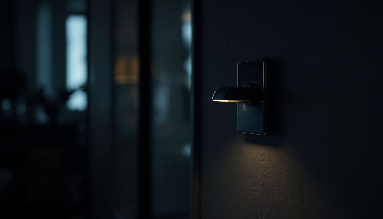 A photograph of a dimly lit room showcasing a stylish light switch in action