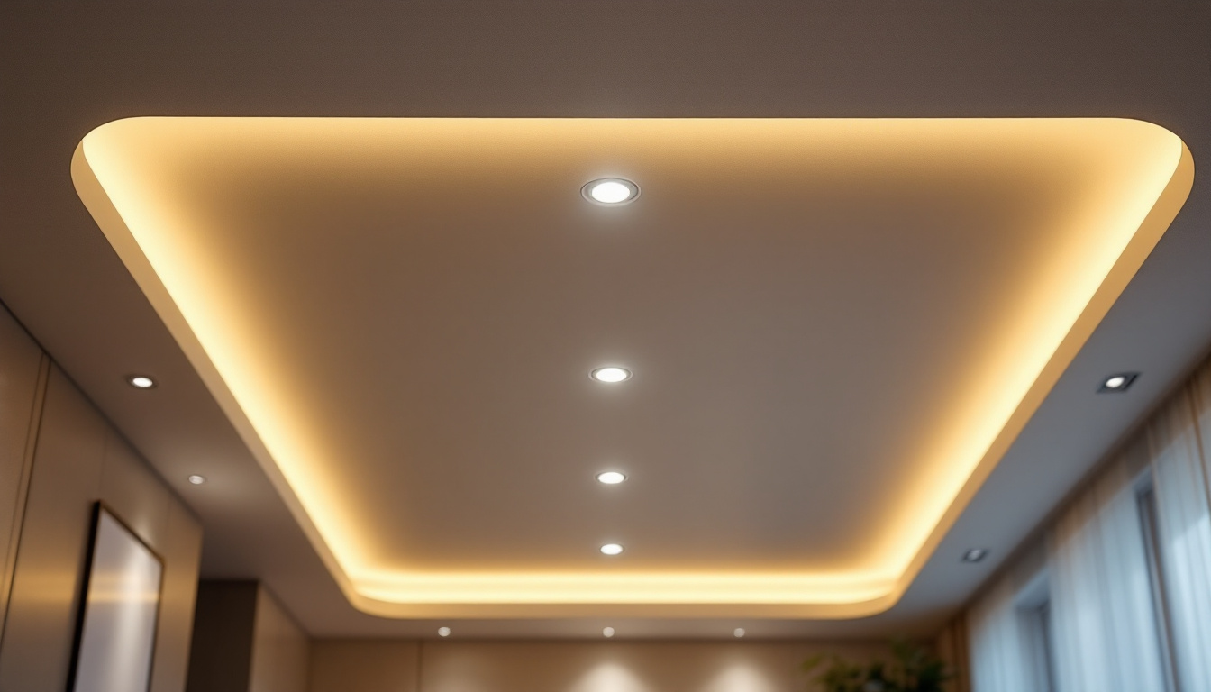 A photograph of a beautifully designed drop ceiling featuring recessed lighting