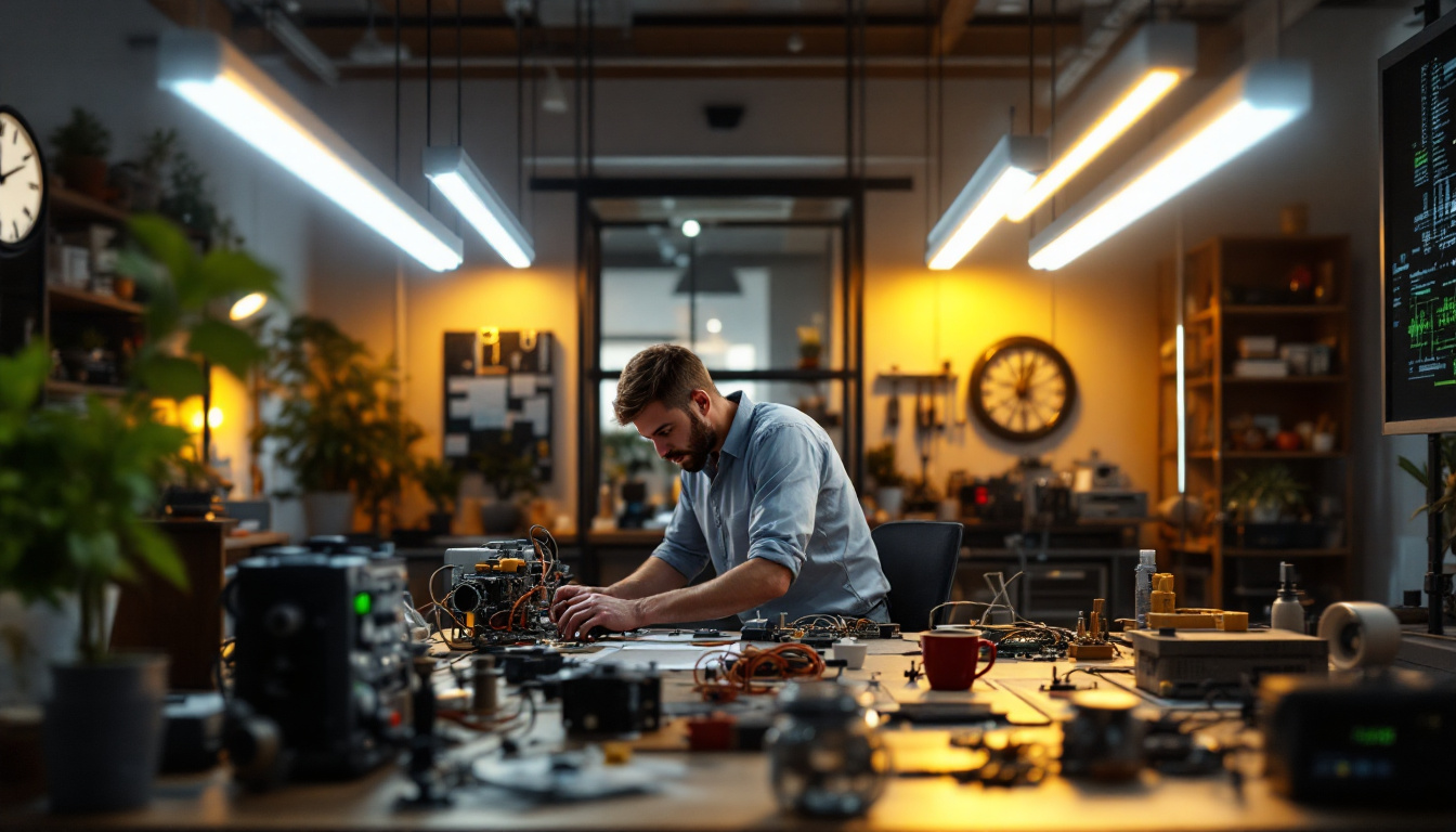 A photograph of a well-lit workspace featuring u-shaped fluorescent lights illuminating a modern electrical engineering project