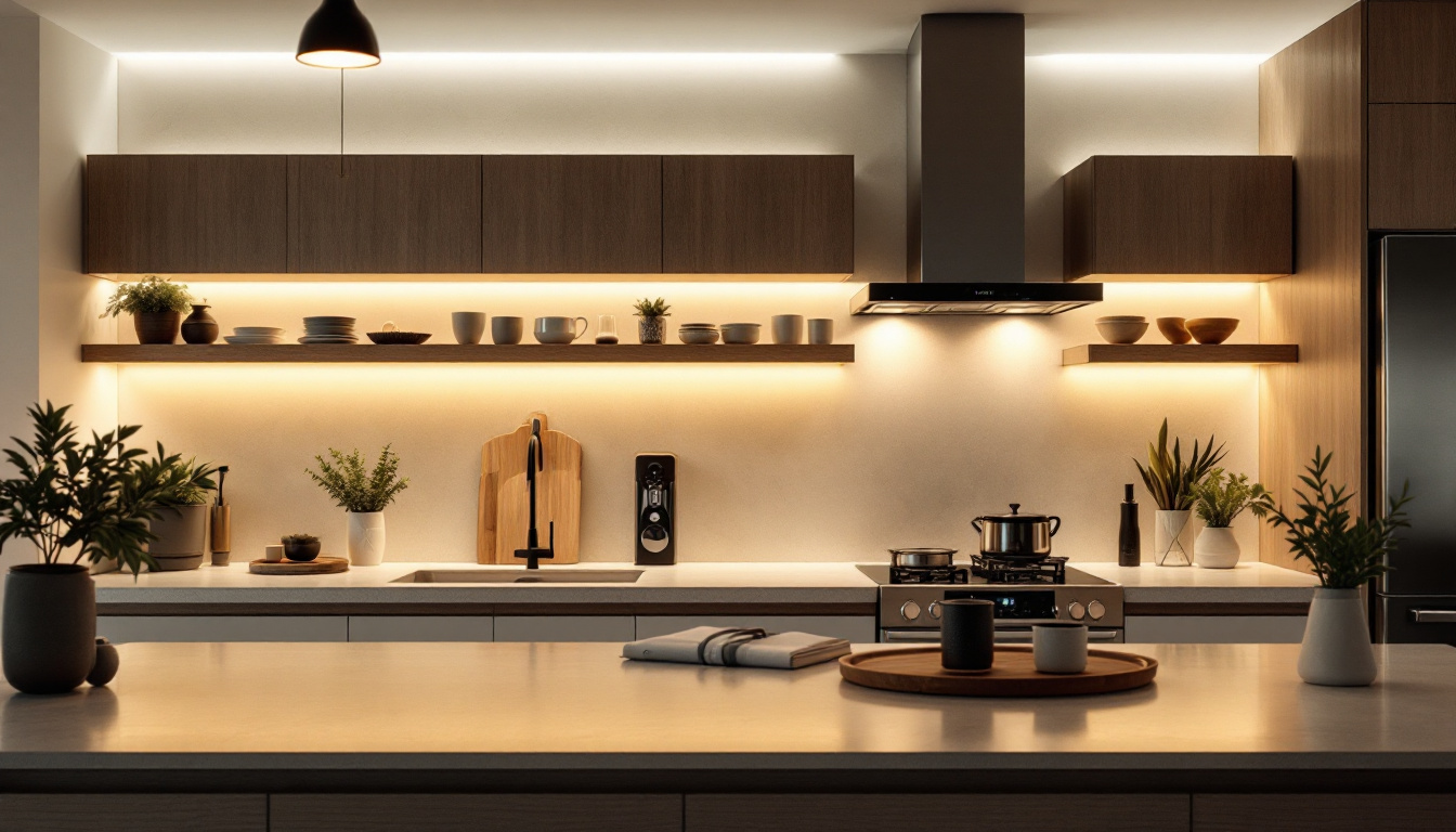 A photograph of a modern kitchen featuring sleek under cabinet led lighting that highlights the countertops and creates a warm