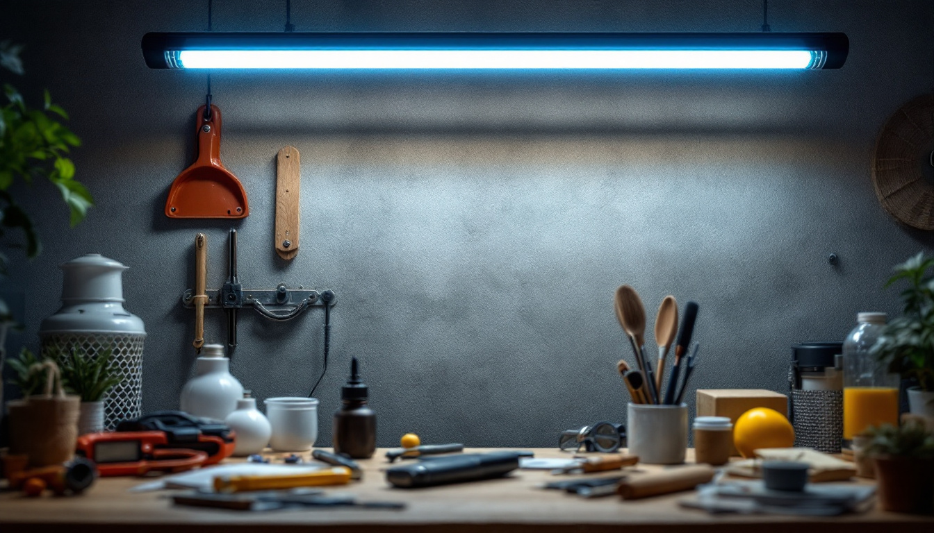 A photograph of a well-lit workspace featuring an 8-foot t12 led bulb in use