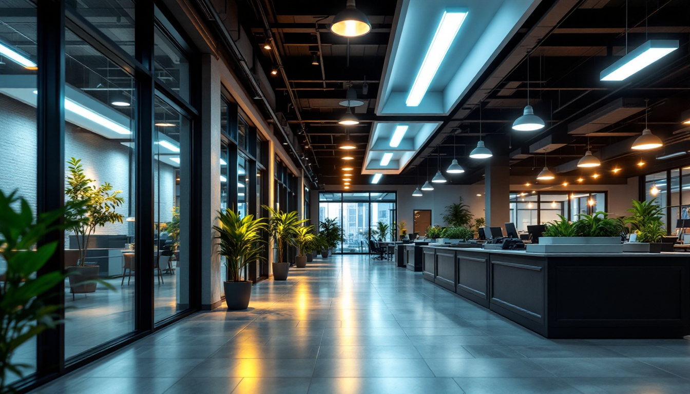 A photograph of a well-lit commercial or office space showcasing t5 ballast 2 lamp fixtures in use