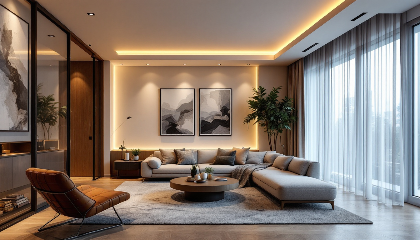 A photograph of a beautifully designed room featuring stylish 6-inch led recessed lights in various dimmed settings