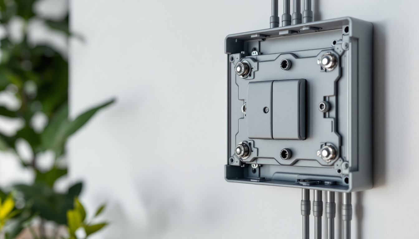 A photograph of a stylishly designed junction box cover installed in a modern home setting