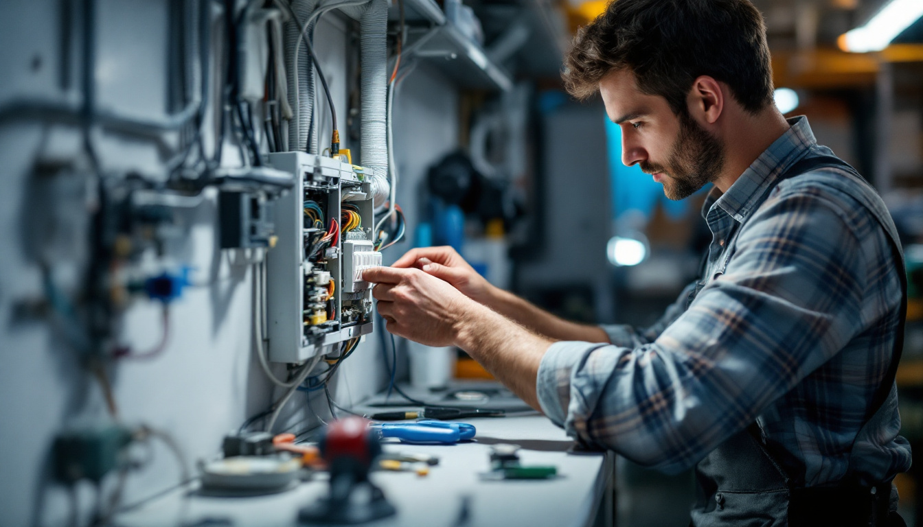A photograph of a skilled electrical engineer working on a two gang box extension in a well-lit workshop