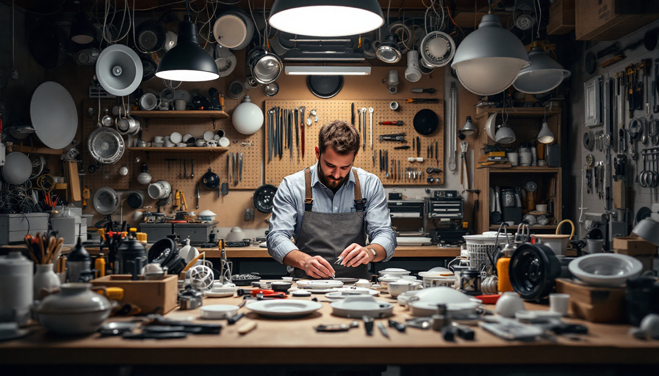 A photograph of a well-organized workspace featuring various ceiling light components