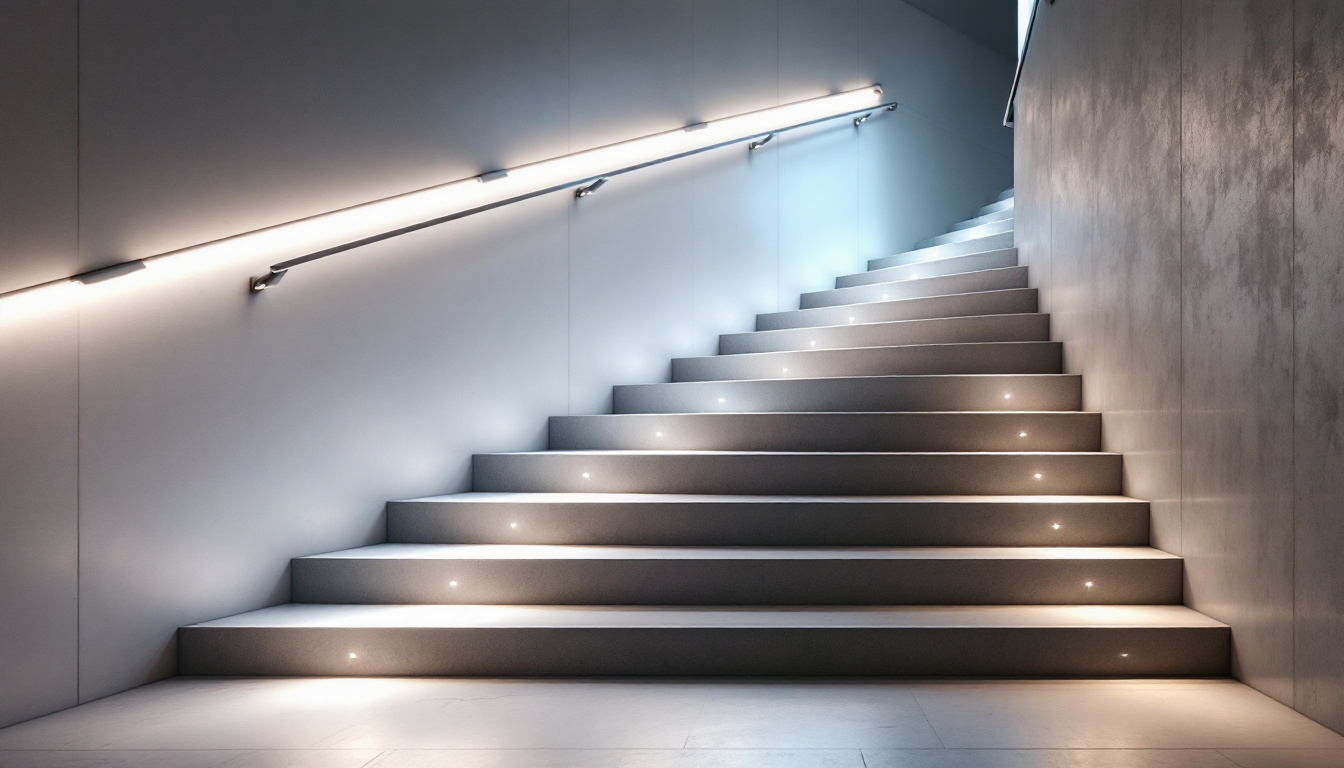 A photograph of a well-lit staircase featuring tread lighting