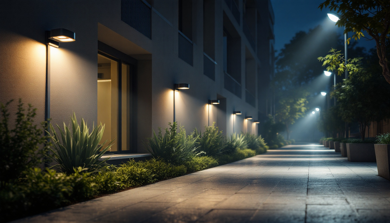 A photograph of a well-lit outdoor area showcasing multiple motion detector lights in action