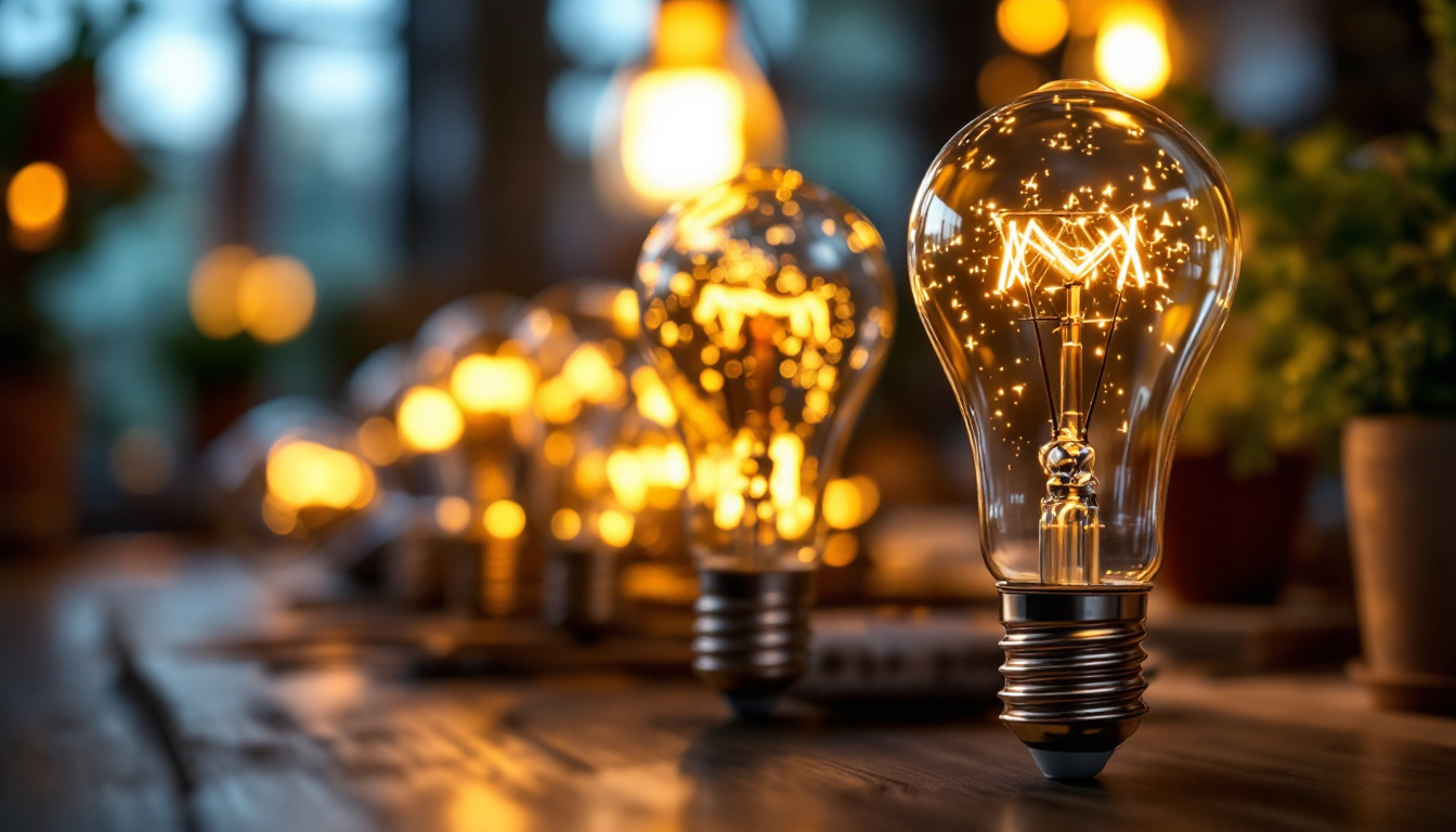 A photograph of a close-up shot of shatter-proof light bulbs in a well-lit workspace